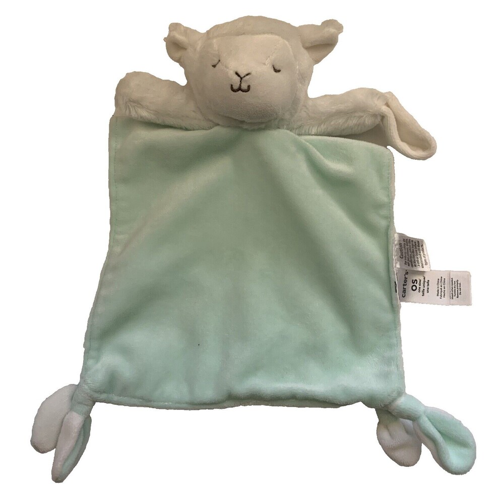 CARTER'S Lamb Security Blanket Lovey Green White Rattle Pacifier Holder Knotted